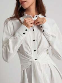 Easelle 白色梭织女式长袖单排扣系腰衬衫裙 - 白色 - 查看 7