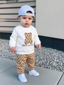 Infant/Toddler Boys' Classic Bear Pattern Embroidered & Letter Embroidered Crew Neck Textured Long Sleeve Top, And Patterned Cuffed Pants, Casual Versatile, Fashionable, Suitable For Spring, Autumn - Multicolor - View 1
