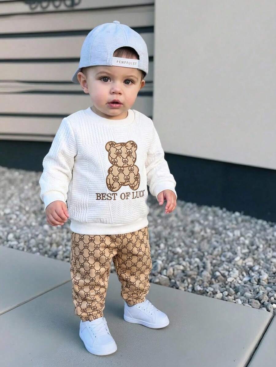 Infant/Toddler Boys' Classic Bear Pattern Embroidered & Letter Embroidered Crew Neck Textured Long Sleeve Top, And Patterned Cuffed Pants, Casual Versatile, Fashionable, Suitable For Spring, Autumn - Multicolor - View 1