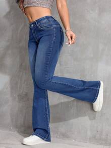 Flirla Plus Size Women Retro Casual Elastic Fitted Flare Jeans, Versatile Cowgirl Rodeo Everyday Navy Blue Winter - Medium Wash - View 7