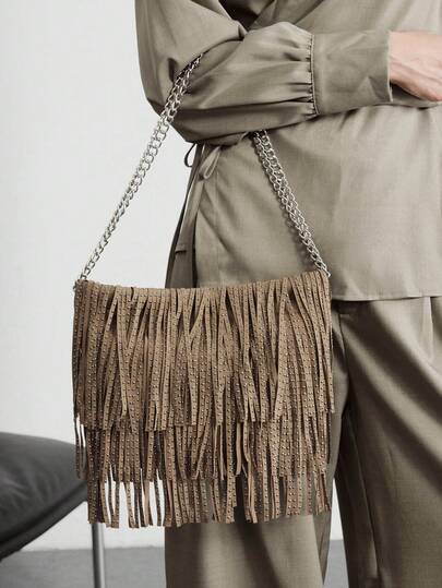 SHECARRY Ladies' Casual Soft Shoulder Bag With Multi-Layer Fringed Trim