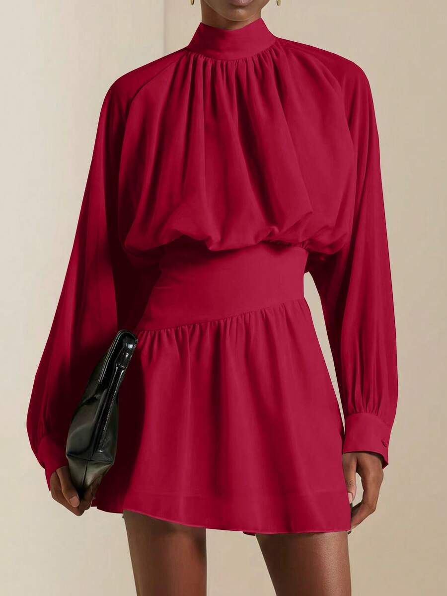 SHEIN Veneréa Autumn New Ruffled Hem Printed Long Sleeve Waist Cinched Mini Dress