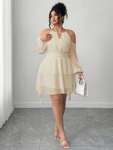 Elenzga 女士露肩纯色钥匙孔领灯笼袖连衣裙 - 杏色 - 查看 4