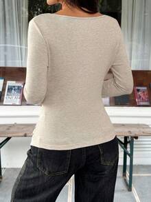 SHEIN EZwear 卡其色针织女式紧身基本款 T 恤