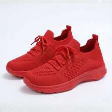 Mujer Zapatillas Deportivas De Tejido De Punto Transpirable Con Cordones Suela Gruesa Rojos - Rojo - Ver 6
