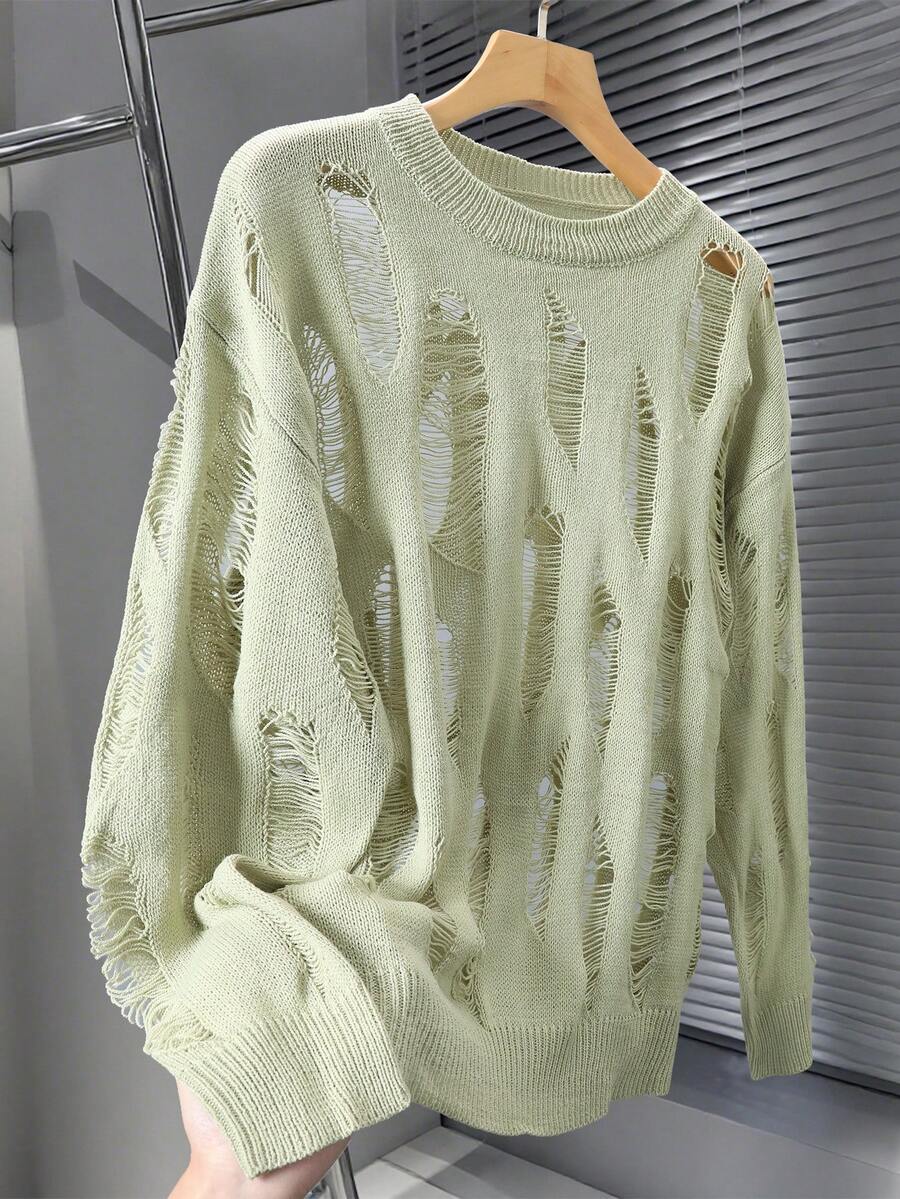 Manfinity Homme Men's Semi-Sheer Green Knitwear Round Neck Sweater With Ripped Details Drop Shoulder Long Sleeve Regular Fit - Green - View 1