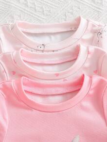 6pcs Girls Rabbit & Heart Pattern Knit Short Sleeve Snug Fit Pajama Set - Multicolor - View 4