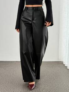 SHEIN PETITE 女士真皮长裤，简约前开襟纽扣设计，日常休闲百搭，女士下装 - 黑色 - 查看 3