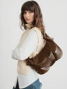 女士纯色简约大容量单肩包，休闲日常使用 - 咖啡 - 查看 5