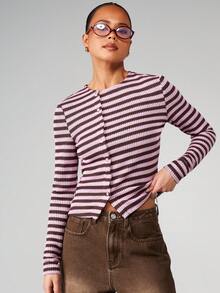 MISSGUIDED Cardigan a maniche lunghe con righe orizzontali, con bottoni davanti, maglia per autunno/inverno, ideale per stratificazione - Multicolore - Visualizzare 1
