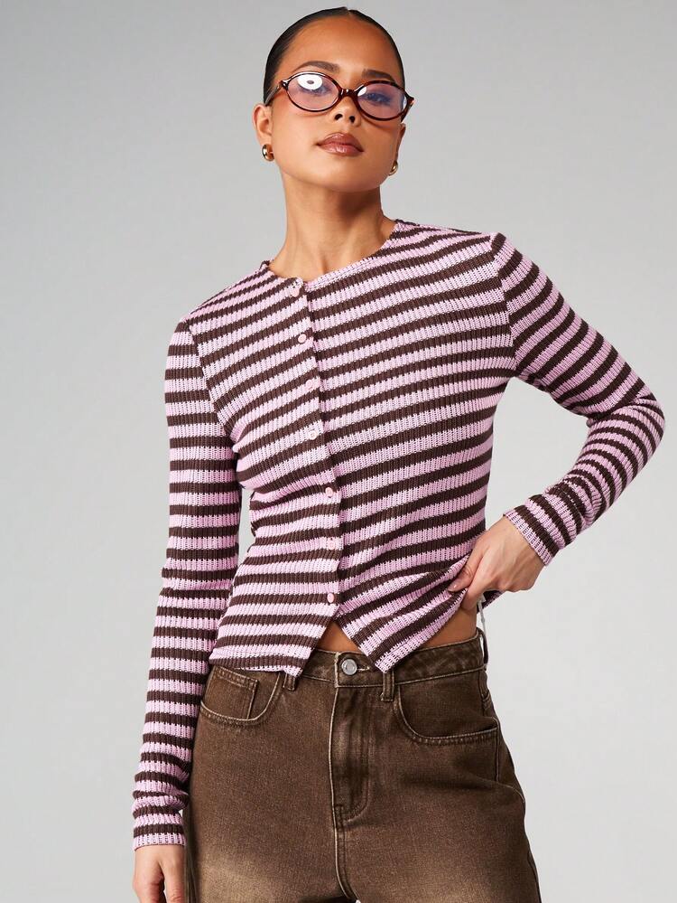 MISSGUIDED Horizontal gestreifter Strickjacke mit Knopfverschluss, Langarm Top für Herbst und Winter zum Layering
