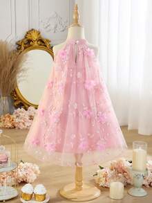 SHEIN Elladie kids Đầm bé gái ngọt ngào, mộng mơ, họa tiết hoa 3D lưới, cổ yếm, thanh lịch, độc đáo, phù hợp cho tiệc tùng, đi chơi và mặc hàng ngày. - Hồng - Xem 2