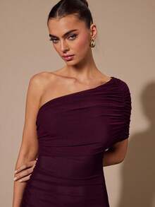 SHEIN BAE Vestido Longo Borgonha com Ombros à Mostra, Alças, Franzido e Bainha em Forma de Guarda-Chuva - Vinho - Visão 4