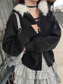 FRIFUL Cardigan casual ampio e versatile da donna, colore unito, con cappuccio, spalle scese, maniche lunghe, colletto in pelliccia e decorazione con cerniera, autunno/inverno, per la scuola - nero - Visualizzare 4