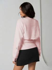 SHEIN TRNDY 2pcs Women Sequin Snowflake Cropped Top & Cardigan Sweater Set, White, Personalized, Versatile, Autumn/Winter Womens Sweaters Pink Sweater - Baby Pink - View 2