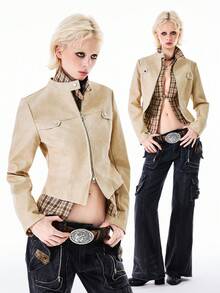 Bloopia Elegant & Fashionable Women's Long Sleeve Zip-Up Jacket - Beige - View 1
