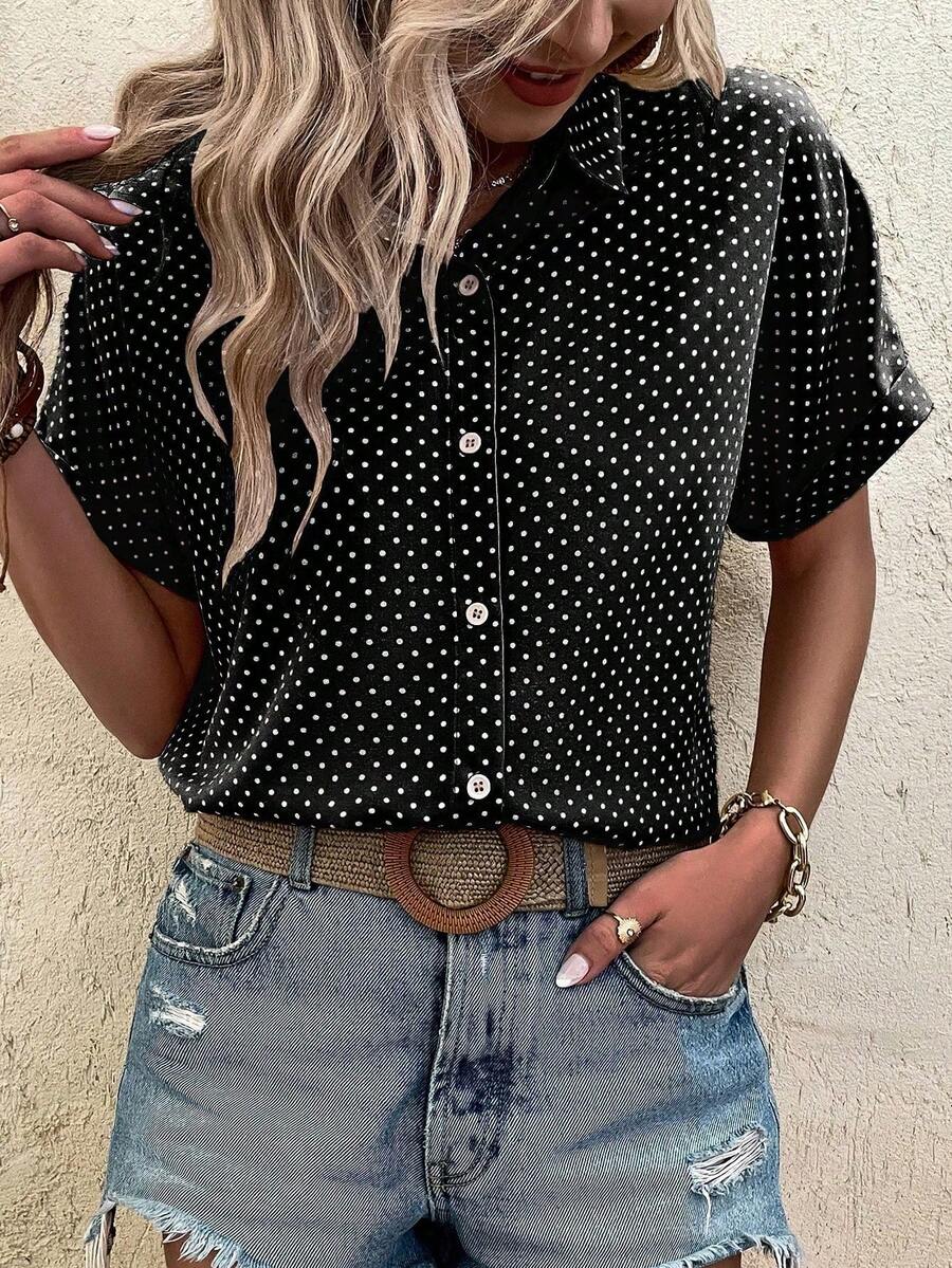 Breezaya 波点印花度假休闲风 - 现代休闲衬衫 - 黑色 - 查看 1