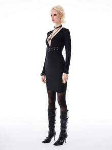 Bloopia 女士针织长袖V领系带修身迷你连衣裙 - 黑色 - 查看 4