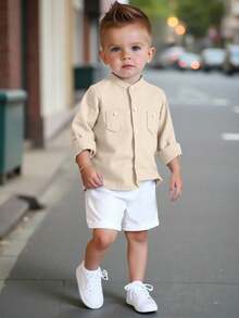 Bubblio Bộ 2 áo sơ mi dài tay cổ tròn phong cách đô thị giản dị cho bé trai và quần short cạp chun, thích hợp cho tiệc sinh nhật, tiệc tối, biểu diễn, đám cưới, tiệc chào đón em bé, tiệc mừng sinh nhật lần thứ 1 - Màu be - Xem 1