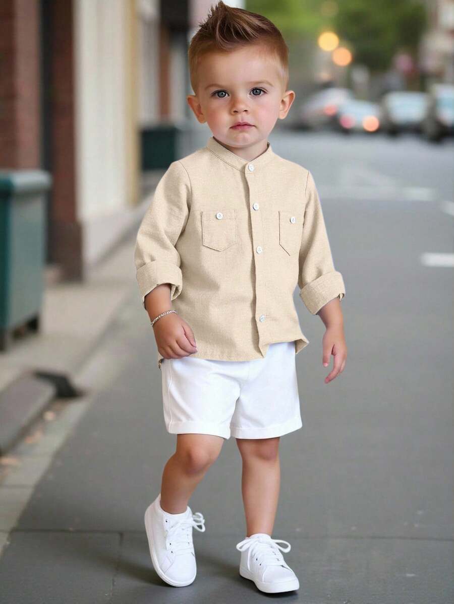 Bubblio Bộ 2 áo sơ mi dài tay cổ tròn phong cách đô thị giản dị cho bé trai và quần short cạp chun, thích hợp cho tiệc sinh nhật, tiệc tối, biểu diễn, đám cưới, tiệc chào đón em bé, tiệc mừng sinh nhật lần thứ 1 - Màu be - Xem 1