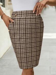 Editum 女士优雅仿皮口袋金属扣半身裙，适合通勤、日常休闲穿着，夏季款 - 卡其色 - 查看 6