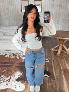 SHEIN PETITE 女士口袋纽扣做旧休闲百搭通勤阔腿牛仔裤 - 藍色 - 查看 5