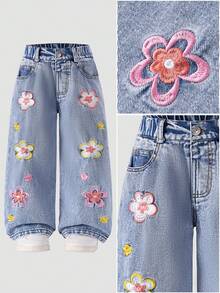 SHEIN ChillGRL 年轻女孩时尚水洗花卉刺绣阔腿牛仔裤 - 藍色 - 查看 2