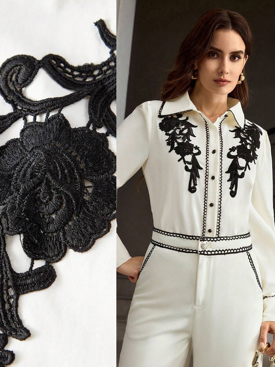 ZEYLAH White Blouse With Black Floral Lace Trim, Suitable For Commuting - Beige - View 1