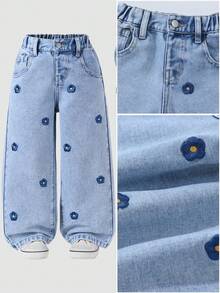 SHEIN ChillGRL Quần jeans bé gái, kiểu dáng thời trang, họa tiết bông tuyết, thêu hoa, cạp chun, ống đứng, màu xanh nhạt, đa năng, phù hợp cho mọi mùa, thích hợp mặc đi ăn trưa hoặc đi ăn tối. - Rửa nhẹ - Xem 2