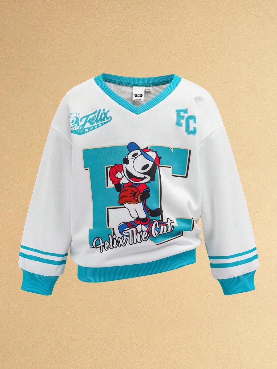 SHEIN Felix The Cat 1pc Young Girl Casual Cartoon Cat Pattern V-Neck Long Sleeve Sweatshirt - Multicolor - View 1