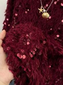 SHEIN Frenchy 女士纯色亮片设计毛绒圆领无袖时尚衬衫 - 酒紅色 - 查看 3
