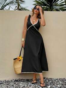 SHEIN Frenchy 女士波浪针织系带V领无袖中长连衣裙，适合度假 - 黑色 - 查看 4