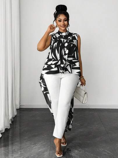 Maweii Plusstorlek damskjorta med hög-låg fåll rund halsringning ärmlös avslappnad blus, lämplig för vår/sommar