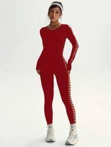 Slayform Macacão feminino de cor sólida, gola redonda, design vazado, justo, casual, para esportes ao ar livre. - Borgonha - Ver 2