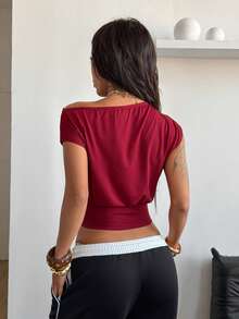 Coolane Women's Spring/Summer Concert Outfit Streetwear Sport Wear Daily Wear Basic Casual Y2K Stretchy Asymmetrical Neck Cropped T-Shirt - Burgundy - View 6