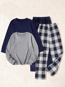 SHEIN 2 Sets Boy Pajamas, New Style Toddler Boys' Round Neck Light Gray And Navy Blue Long Sleeve Tops With Gray & White Plaid And Navy Blue Loose Casual Pants, Stretchy Knit Fabric, Machine Washable, Comfortable Fit Family Matching Outfits (2 Sets Sold Separately) Plaid Pajama Set Fall Winter
