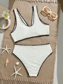 SHEIN 少女特制面料鲨鱼齿装饰泳衣套装，适合夏季、游泳、度假。 - 米色 - 查看 7