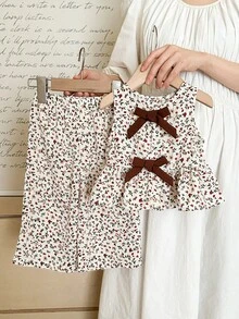 SHEIN LMoss Kids 2pcs Baby Girl Ditsy Floral Sleeveless Top And Loose Casual Pants Set - Apricot - View 1