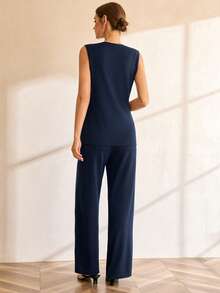 Lymera Neue Damen Mode Lässig Vielseitige Party & Büro Outfit, marineblauer Business-Casual Strick Metallic Knopf Weste kombiniert mit passender Weite Bein Hose Set - Blau - Übersicht 3
