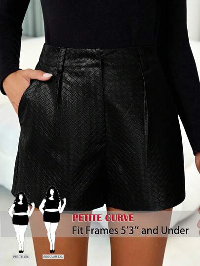 SHEIN PETITE CURVE Plus Size Women Pocketed Casual PU Leather Quilted Shorts, Black Leather Shorts, Black Shorts For Women, Elegant Shorts, Plus Size Shorts For Women, Black PU Shorts, Summer For Women, Valentines Day, Carnival Costume For Women, Elegant Shorts, Daily Commute, Office, Graduation, School