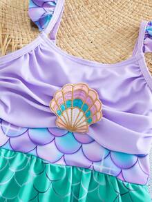 SHEIN Traje de baño de tirantes con bloques de color y lazo de punto con estampado de sirena casual de verano para niña bebé - Morado - Ver 2