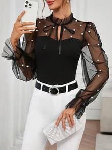Editum Women's Elegant Romantic Ruffle Trim Collar Splice Sheer Beaded Long Sleeve Black Blouse, Valentine's Daychristmaselegantcasualgraphic - Black - View 7