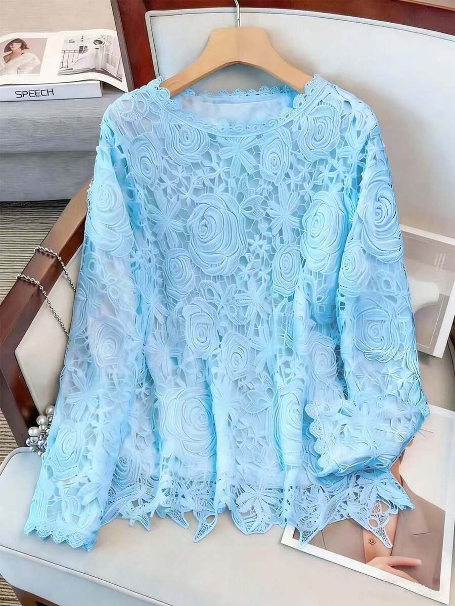 GlowEve CURVE Áo kiểu ren màu trơn thanh lịch dành cho người có vóc dáng lớn, thích hợp mặc đi làm. - Màu xanh nhạt - Xem 1