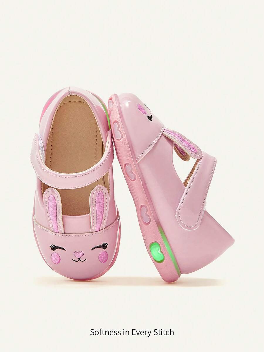 Cozy Pixies Glossy Pink Bunny Shoes With 3D Rabbit Ear Embroidery Design, Cute Cartoon, Soft & Comfortable, Fashion Princess Shoes With Lights - Pink - View 1