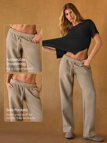 GLOWMODE 日常羊毛宽腿可调节抽绳腰部基本款运动裤，带侧袋，日常休闲