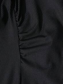 SHEIN 少女纯色露肩褶皱不对称修身上衣搭配垂褶阔腿裤，法式优雅办公室两件套 - 黑色 - 查看 8