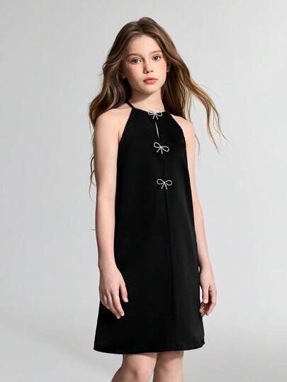 Maija Kids Maija Kids Tween Girl Woven Black Rhinestone Bow Decor Casual Cute Dress