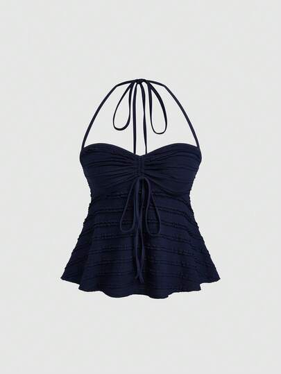 Sweetra Plus Size Women's New Solid Color Textured Lace Fabric Drawstring Exposed Chest Camisole, Outerwear Camisole, Y2K, Collegiate Camisole, Lace Camisole, Suitable For Daily Outings, Back To School Season, Beach Camisole, Spring, Summer, Autumn