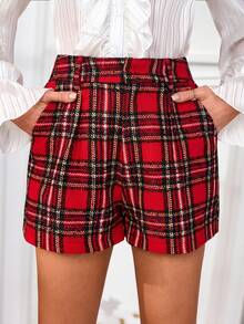 SHEIN Clasi Quần short kẻ caro Giáng sinh thời trang dành cho nữ - Màu Đỏ Sâu - Xem 5