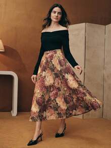 Anewsta Vintage Oil Painting High Waist Random 3D Floral Jacquard A-Line Skirt - Multicolor - View 4